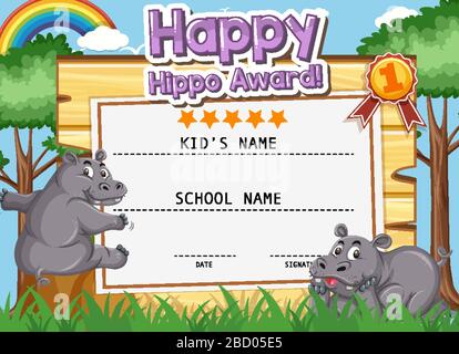 Certificate template design for happy hippo with two hippos in the park illustration Stock Vector