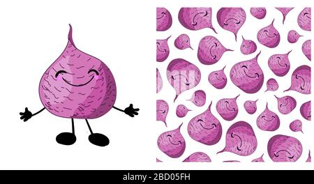 Beetroot vegetable character cute. Seamless vegetable pattern with sugar beets. Children's vector illustration.. Stock Vector