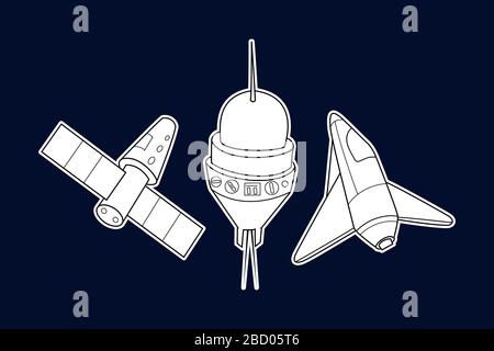 Rocket, shuttle and spaceship. A set of space ships. Vector illustration. Stock Vector