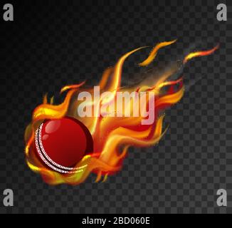 Cricket ball with big flame shooting on black background illustration Stock Vector