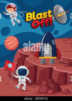 Poster design with astronauts flying in the space illustration Stock Vector