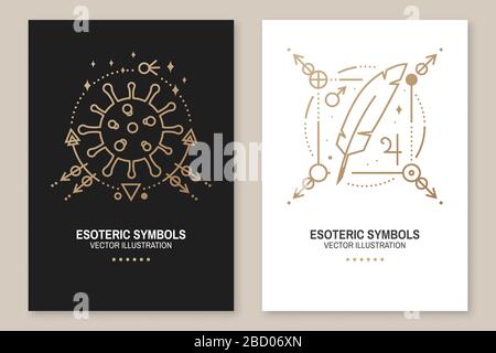 Esoteric symbols poster, flyer. Vector illustration. Thin line geometric badge. Outline icon for alchemy, sacred geometry. Mystic, magic design with bacteria, coronavirus, feather, stars, planets Stock Vector