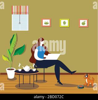 Women work at home. Women sitting on a chair working from home. Stock Vector