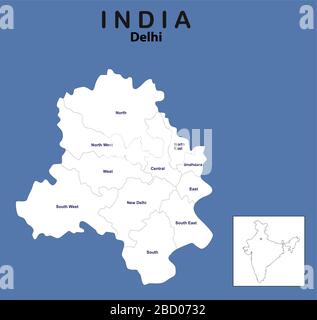 Delhi map outline. vector illustration of Delhi map with district name in outline colour. Stock Vector
