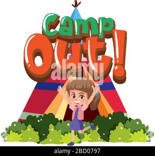 Font design for word camp out with girl by the tent illustration Stock Vector