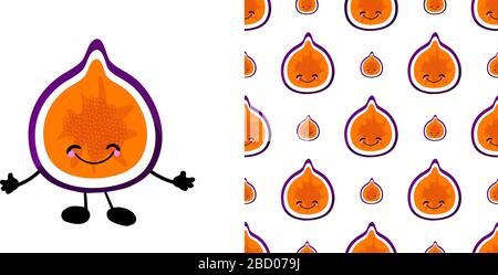 Fruits and vegetarianism. Figure character. Purple fruit. Seamless pattern. Vector illustration. Stock Vector