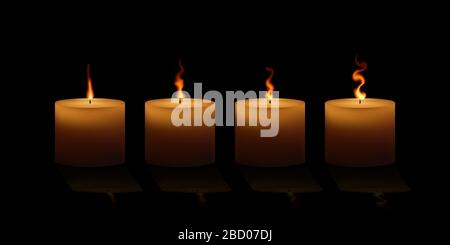 Realistic mystery candles. Vector illustration. Candlelight on black background. Stock Vector