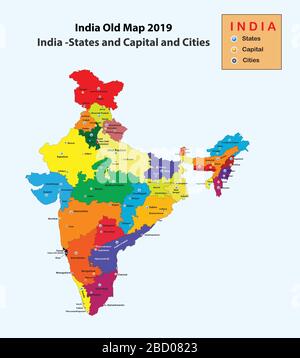 India map 2019. India old map with States capital and cities name. popular cities in India. Stock Vector
