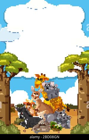 Border template design with many wild animals in background ...