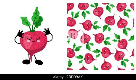 Radish vegetable character cute kawaii. Seamless vegetable pattern with radish. Children's vector illustration.. Stock Vector