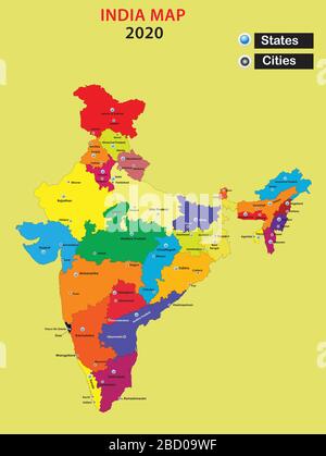 Popular cities in India.India map in 2020 with colouring state.Vector illustration of  State and city map of India. Stock Vector
