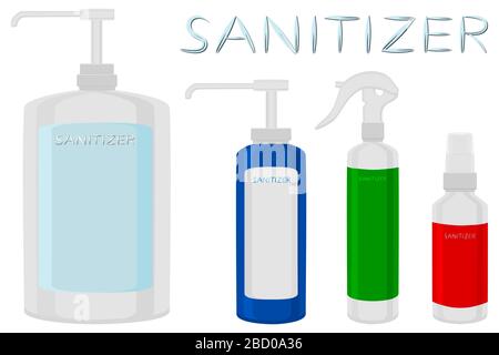 Set of different model sanitizer in soap dispenser for disinfection. Disinfection consisting of accessory sanitizer in soap dispenser. Sanitizer in so Stock Vector