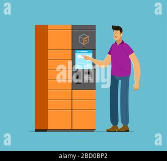 Self service post terminal. Man receives parcel vector illustration Stock Vector