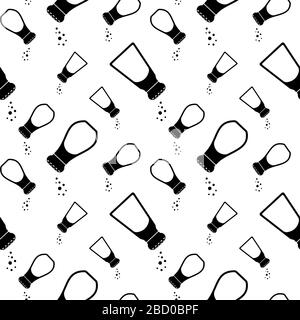 Salt shakers seamless pattern. Spice bottles icons with powder strewing isolated on white background. Vector illustration. Stock Vector