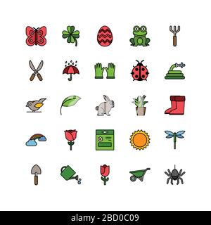 Spring and gardening. Isolated color icon set. Filled vector illustration Stock Vector