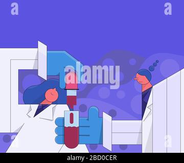 Two woman scientist experiment on chemical reagent in test tube. Concept science character minimal design. Stock Vector