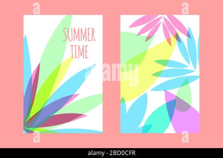 Set of white summer posters with tropical leaves, summer bright flat backgrounds for season sales. Fashion vector illustration Stock Vector
