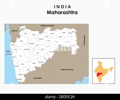 Maharashtra map with border lines. Maharashtra map 2019. popular district in Maharashtra. Stock Vector