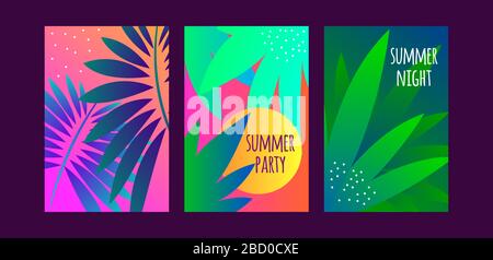 Set of summer posters with tropical leaves, summer bright flat backgrounds for season sales. Fashion vector illustration Stock Vector