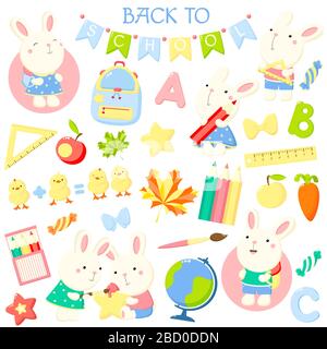 Back to school. Vector set of education icons and stickers in kawaii style. EPS8 Stock Vector