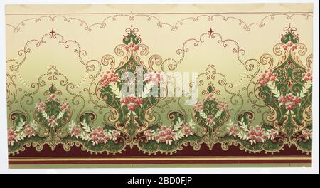 Frieze. Research in ProgressAlternating large and small floral medallions connected by floral scrolls and floral beaded scrolls which culminate in a fleur-de-lis. The bottom has red and metallic gold stripes and beaded scrolls. Frieze Stock Photo