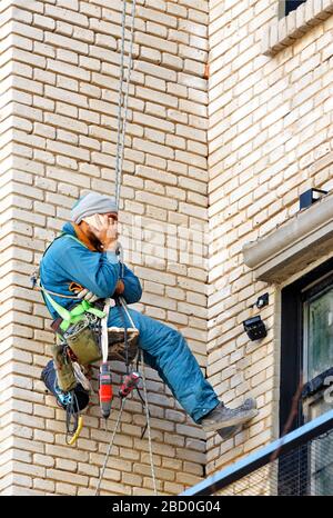 Builder climber hanging on safety ropes on the wall of an old brick building with tools tied to himself and talking on a cell phone. Stock Photo