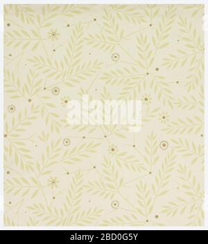Sidewall. Aesthetic all-over pattern of scattered highly-stylized branches interspersed with stylized flowers; naïve, stencil-like quality; branches are laurel-like and emerge in straight lines from dotted intersections, forming irregular networks; centers of flowers also dotted; brown dot Sidewall Stock Photo