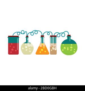 Laboratory glass flasks and test tubes with liquid. Chemical and biological experiments. Vector illustration in flat style. Stock Vector
