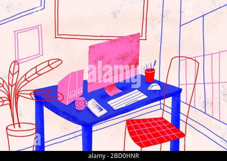 Home office as workplace. Conceptual illustration shows a house room ready for telecommuting. Working from home concept. Colorful. Stock Photo