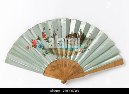 Pleated fan. Research in ProgressPleated fan. Luminescent silk leaf painted with florals and small landscape with rustic building by the water. Perforated wood sticks. Horn washer at rivet. Pleated fan Stock Photo