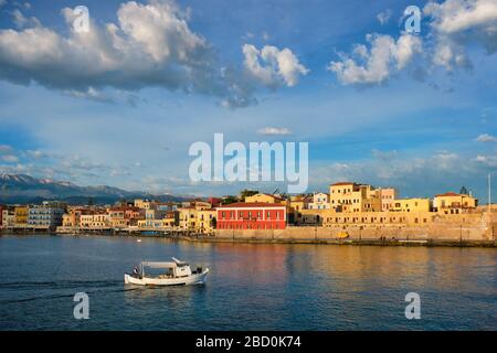 Boat in picturesque old port of Chania, Crete island. Greece Stock Photo