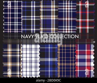 Navy Plaid, checkered, tartan seamless pattern collection includes 10 designs suitable for fashion textiles and graphics Stock Vector