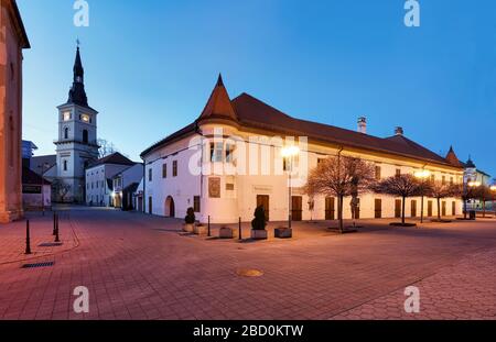 Pezinok city with church in main square, Slovakia Stock Photo