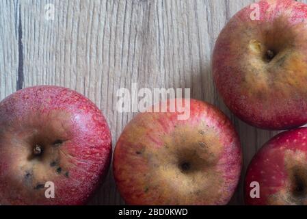 Apples on a wood table suitable as background with copyspace. Stock Photo