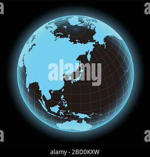 world map illustration (globe / sphere). focus on Japan and east asia. Stock Vector