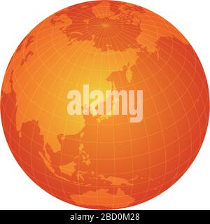 world map illustration (globe / sphere). focus on Japan and east asia. Stock Vector