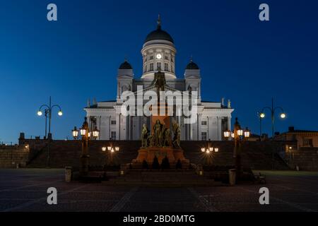 Alexander II of Russia let Finnish people live independently under russian regime. is statue is in front of Helsinki Cathedral. Stock Photo