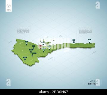 Stylized map of Eritrea. Isometric 3D green map with cities, borders, capital Asmara, regions. Vector illustration. Editable layers clearly labeled. E Stock Vector