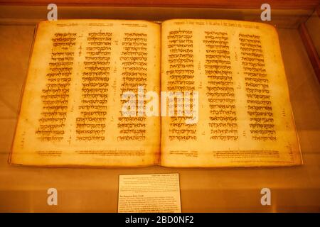 The Damascus Pentateuch (Keter Dameseq or Crown of Damascus) is a 10th-century Hebrew Bible codex, consisting of the almost complete Pentateuch, the Five Books of Moses. On display at the National Library of Israel [Jewish National and University Library], Jerusalem Stock Photo