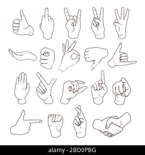 Hand gestures outline, finger marks, sign language icon set, stencil, logo, silhouette. Line drawing of wrist, hands showing various classic symbol is Stock Vector