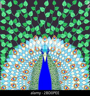 Peacock with flowing tail colorful cartoon drawing, graphic print. Beautiful green bird with big open tail with peacock bright feathers, isolated on d Stock Vector