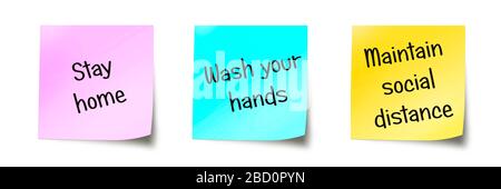 Stay home, wash your hands, maitain social distance, covis-19 message written on colored sticky notes isolated on white background Stock Photo