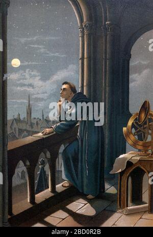 Roger Bacon in his observatory in Oxford, also known by the scholastic accolade Doctor Mirabilis, was a medieval English philosopher and Franciscan friar who placed considerable emphasis on the study of nature through empiricism From La ciencia y sus hombres : vidas de los sabios ilustres desde la antigüedad hasta el siglo XIX T. 1 [Science and it's people Vol 1] by Luis Figuier ; traducción de la tercera edición francesa por Pelegrin Casabó y Pagés ; ilustrada por Armet, Gomez, Martí y Alsina, Planella, Puiggarí, Serra,  Printed in Barcelona in 1879 Stock Photo