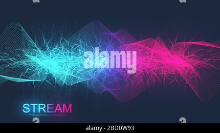 Abstract dynamic motion lines and dots background with colorful particles. Digital streaming background, wave flow. Plexus stream background. Big Data Stock Vector
