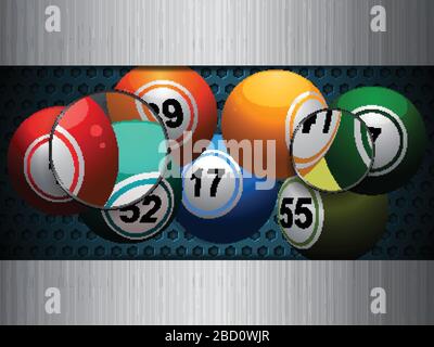 3D Illustration Of Bingo Lotto Lottery Balls Over Metallic Blue Honeycomb And Silver Brushed Metallic Background With Two Magnifier Lens Stock Vector