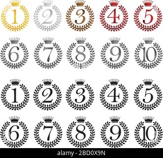 wreath frame ranking illustration set . from 1st place to 10th place. Color version and black version. Stock Vector