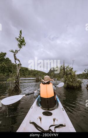 woman kayaker kayaking on river in forest on cloudy day Stock Photo