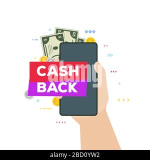 Hand and phone with cash back banner Stock Vector