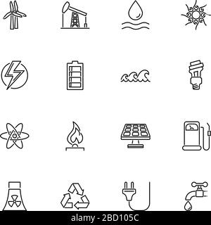 Energy Power, Resources outline icons set - Black symbol on white background. Energy Power, Resources Simple Illustration Symbol - lined simplicity Si Stock Vector