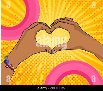 Hands of black woman in heart shape on rays bright yellow background as pop art style. Template for inscriptions. Hand with bracelet Stock Vector